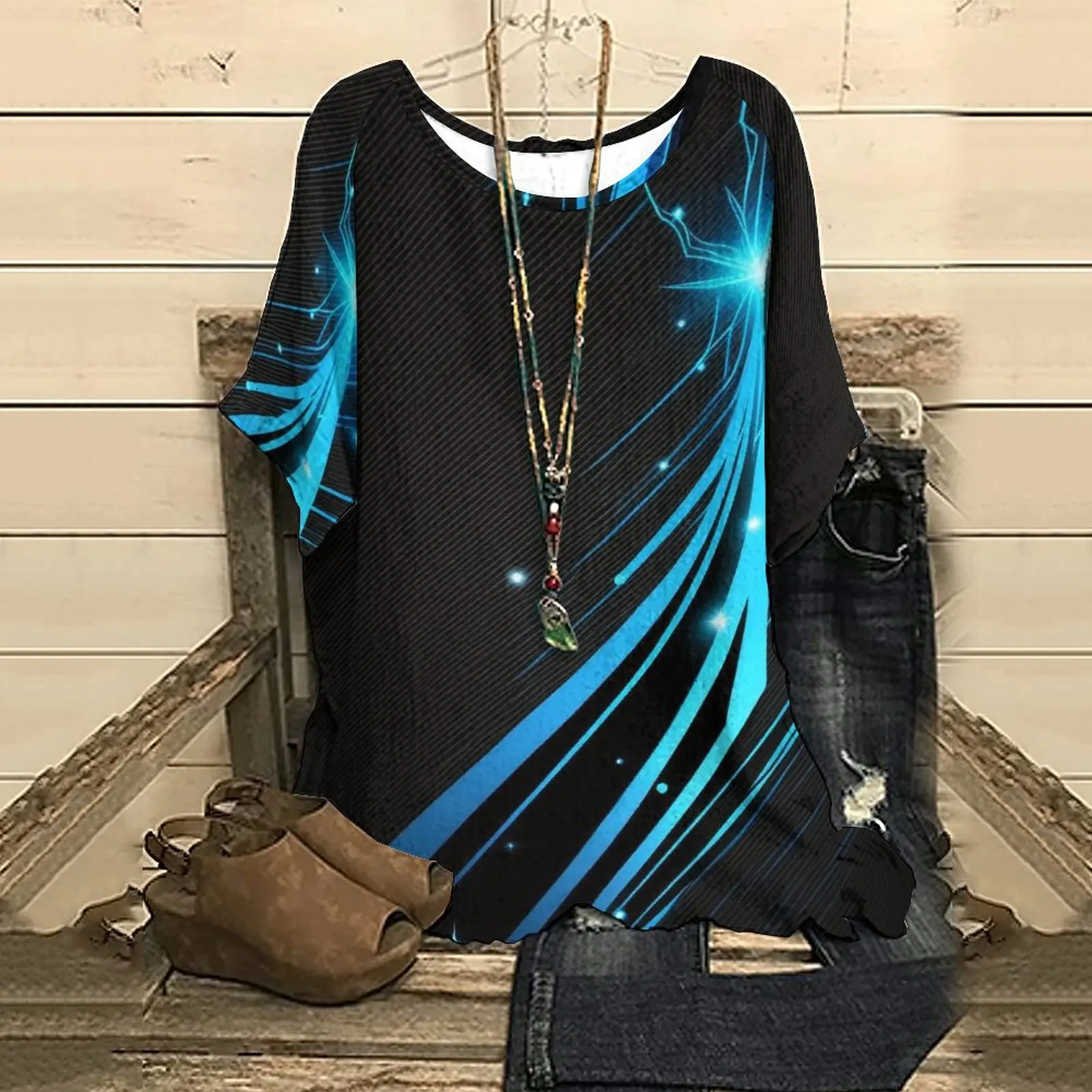 

Summer Women's Half Sleeve T-Shirt NewGlowing GradientPrint ClassicWomen's T-shirt Top Tee