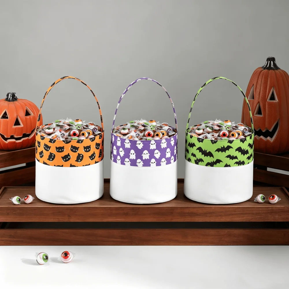 Wendbarer Halloween-Korb mit Kürbis- und Fledermaus-Motiv, Halloween-Tasche für Kinder zum Süßes oder Saures, Schwarze Katze, Halloween-Süßigkeiten-Eimer, Partydekoration