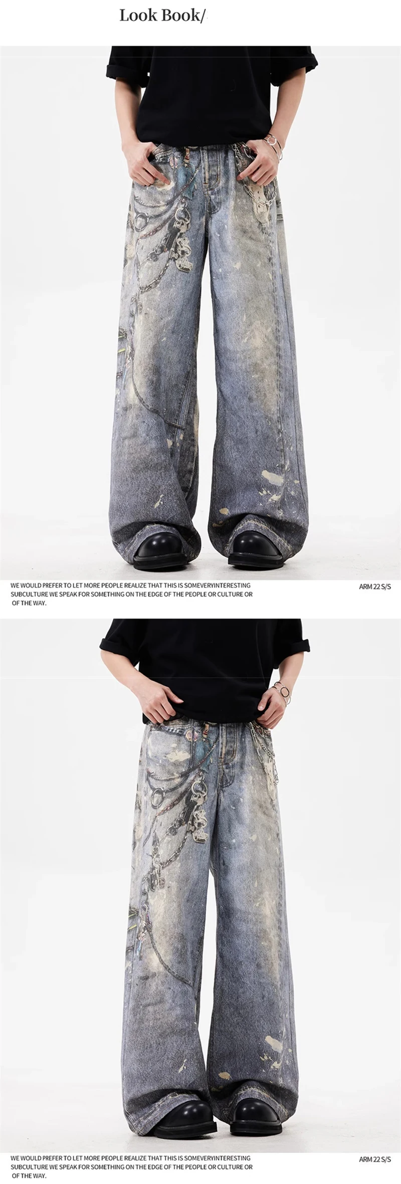 ジーンズ ユニセックス グラフィティ3Dプリント チェーン Vintage Graffiti Baggy Ripped Jeans Mens With Chain Print