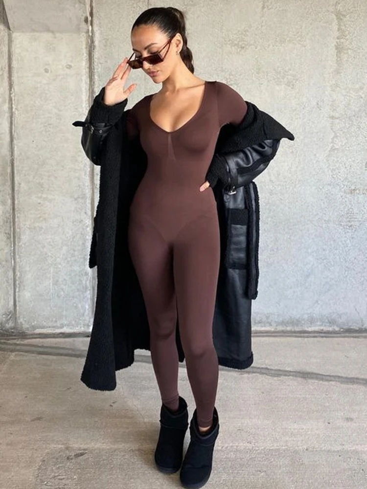 Mono negro de mujer de primavera, de manga larga, con cuello en V, ajustado, de una pieza, elástico, para fitness, mono sexy