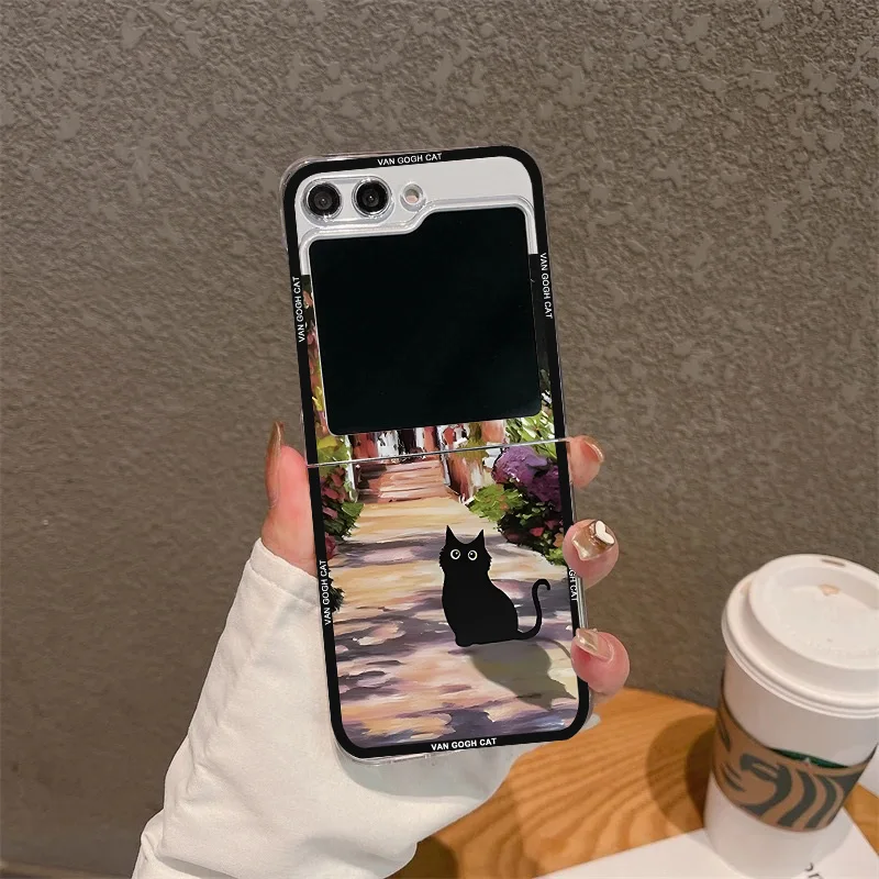 Aesthetic Black Cat Art Van Gogh Folding Phone Case, Clear Cover