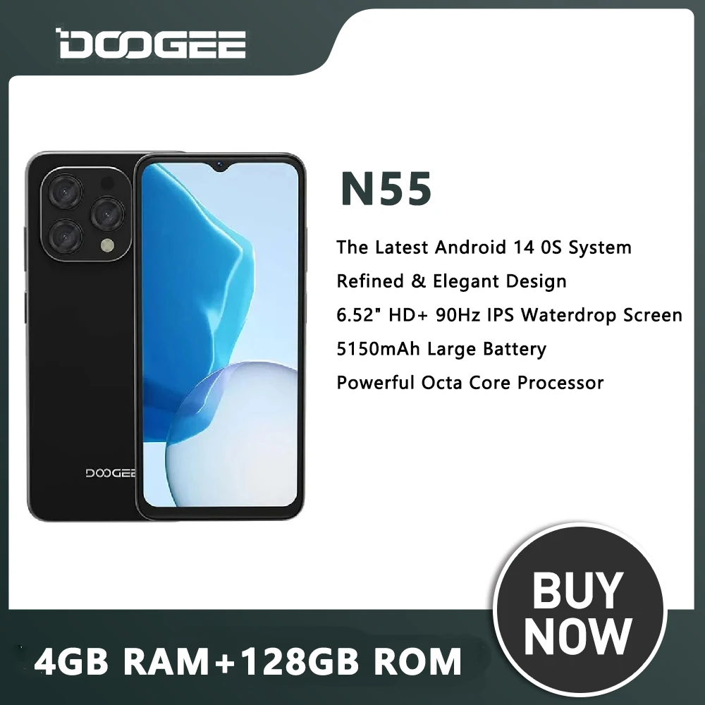 

DOOGEE N55 смартфон с 5,5-дюймовым дисплеем, восьмиядерным процессором, ОЗУ 4 Гб, ПЗУ 128 ГБ, 6,56 мАч, Android 14