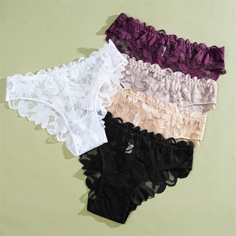 2Pcs Women's Satin Floral Lace Underwear Sexy Hollow Out Panties Solid Low-Waist Perspective Briefs Girls Soft Lingerie
