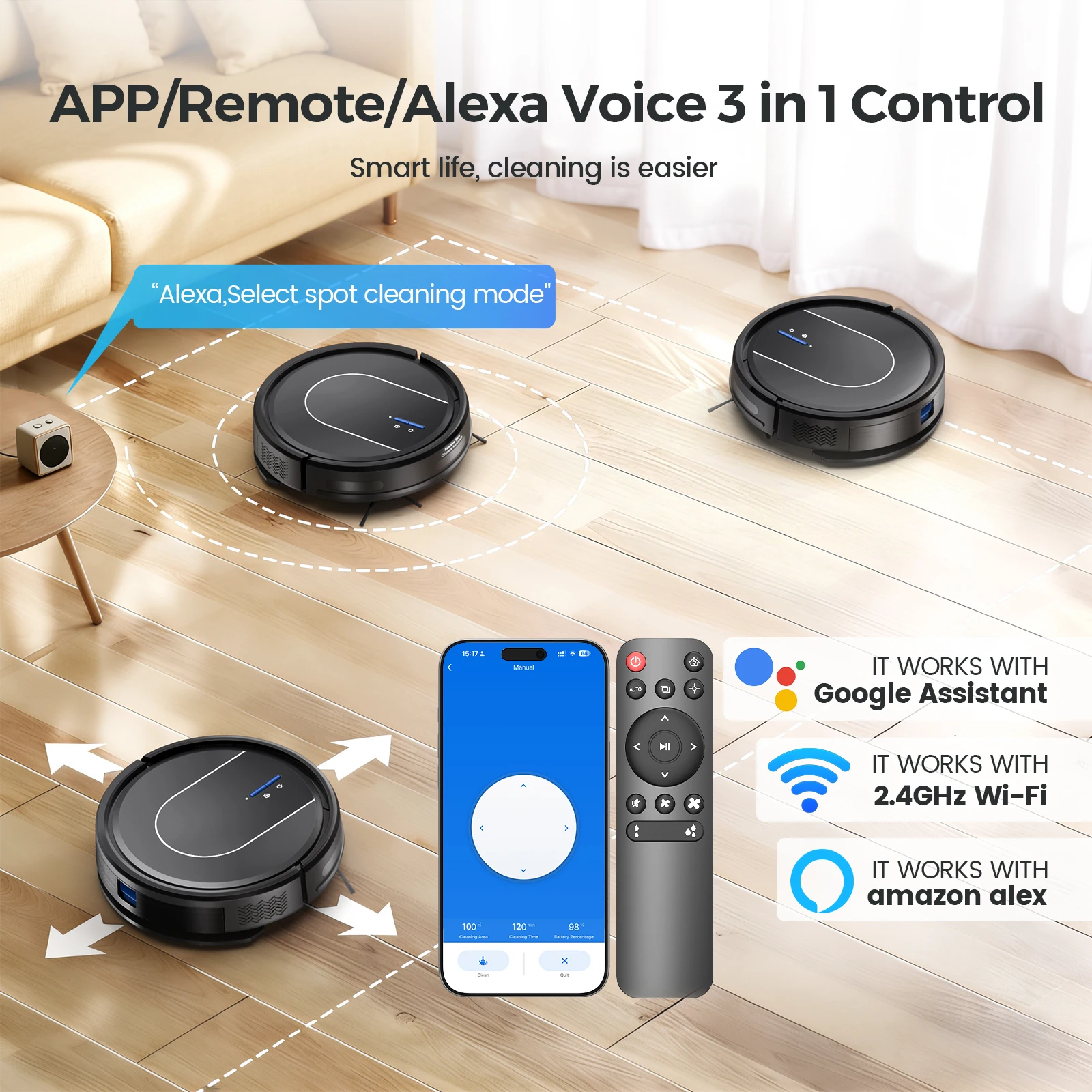 E2 Robot Vacuum Cleaner 3-in-1 Vacuum Floor Mop Cleaner with Auto-Charging 5000Pa Strong Suction Alexa/WiFi/App for Home Carpet Pet Hair Cleaning 6