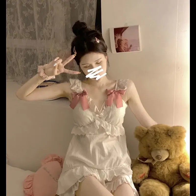 Cute Women's Pajamas Set of New Spring and Summer Korean Elegant Leisure Students Bow Sling Sleepwear Homewear Women's Clothing
