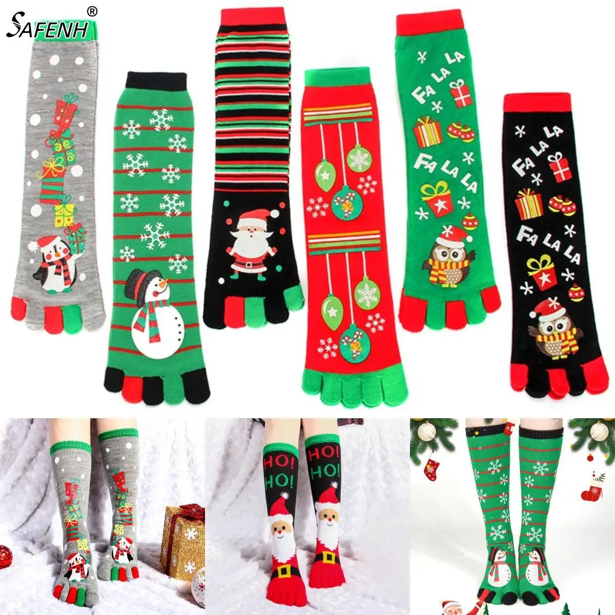 

1pair Christmas Stocking Strap Toe Five Toes Neutral Cartoon Five Finger Socks For Ladies Winter Autumn Xmas Funny Sock