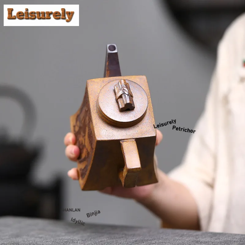 500ml Yixing Purple Clay Teapot Handmade Square Pot Raw Ore Wood-fired Porcelain Mud Tea Brewing Kettle With Infuser Zisha Tea