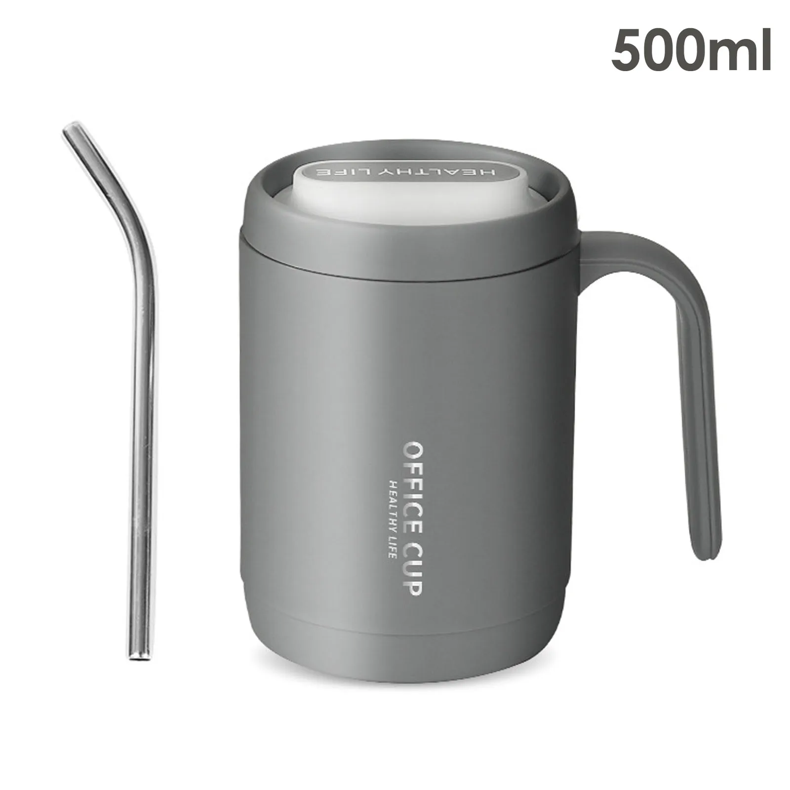 

500ml Grey Coffee Cup Portable PP Lined Insulation Cup with Straw Large Capacity Covered Drinking Cup for Office