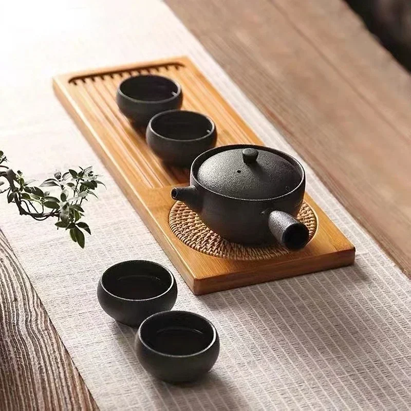 Wooden Serving Tray Tea Tray Solid Bamboo Wood Tea Tray Portable Rattan Mat Rectangle