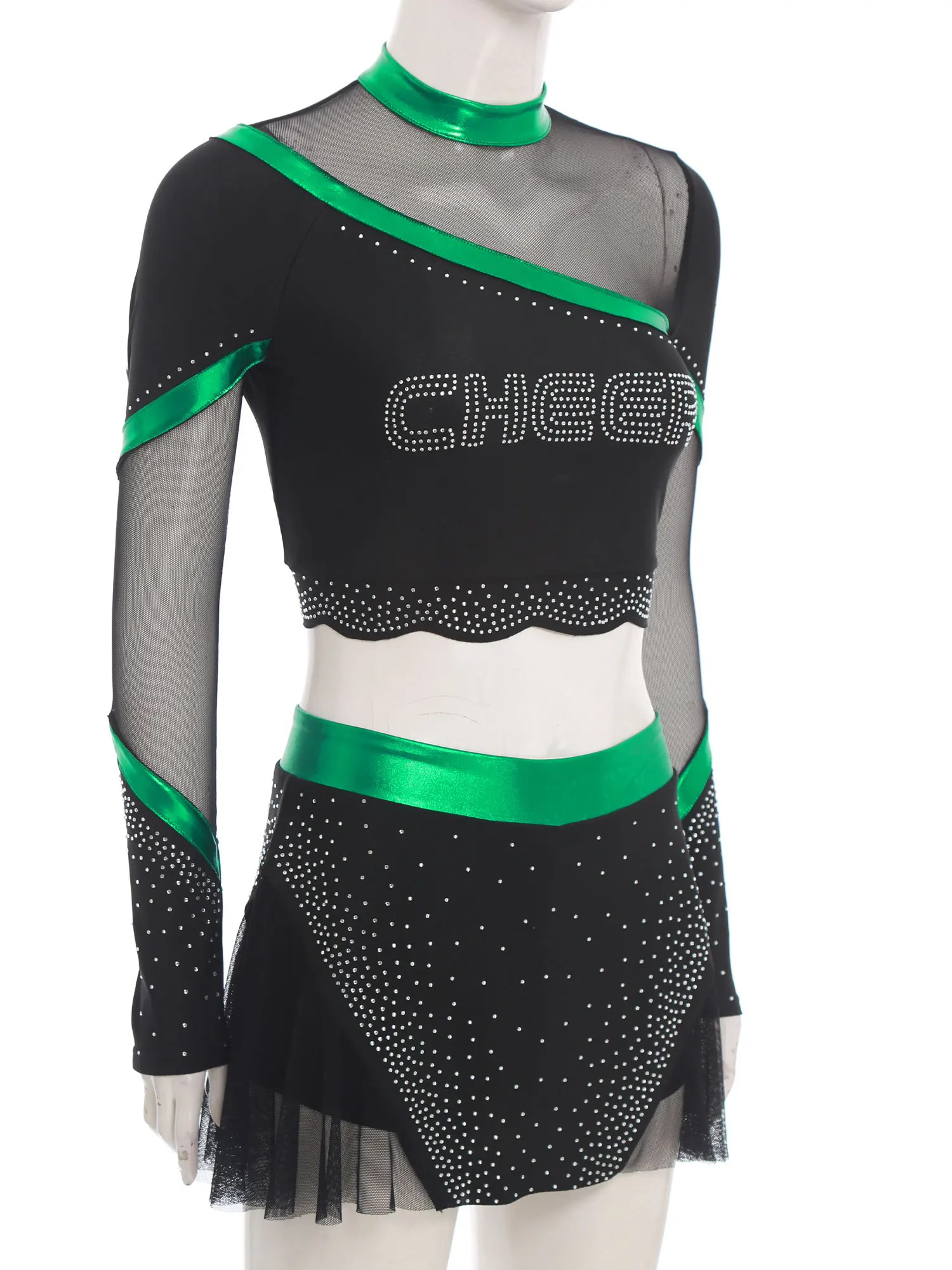 Frauen Strass Cheerleading Outfits Ballett Tanz Performance Cheerleader Kostüm Strass Crop Tops mit Tanz Rock Set – Detail 29