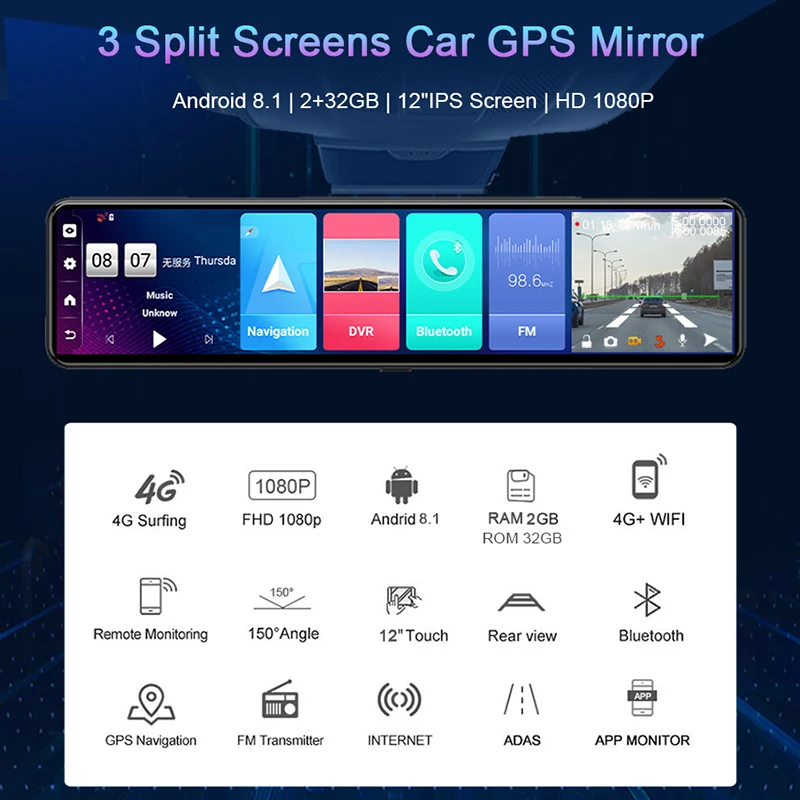 12" Car rear Mirror Dash Cam DVR 1080P Dual Camera WiFi Android 8.1 GPS Navigation ADAS Rearview Camera Video Recorder Black Box