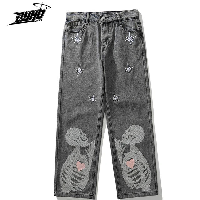 Retro Pocket Jeans Pant Men Women Straight Skeleton Skull 2