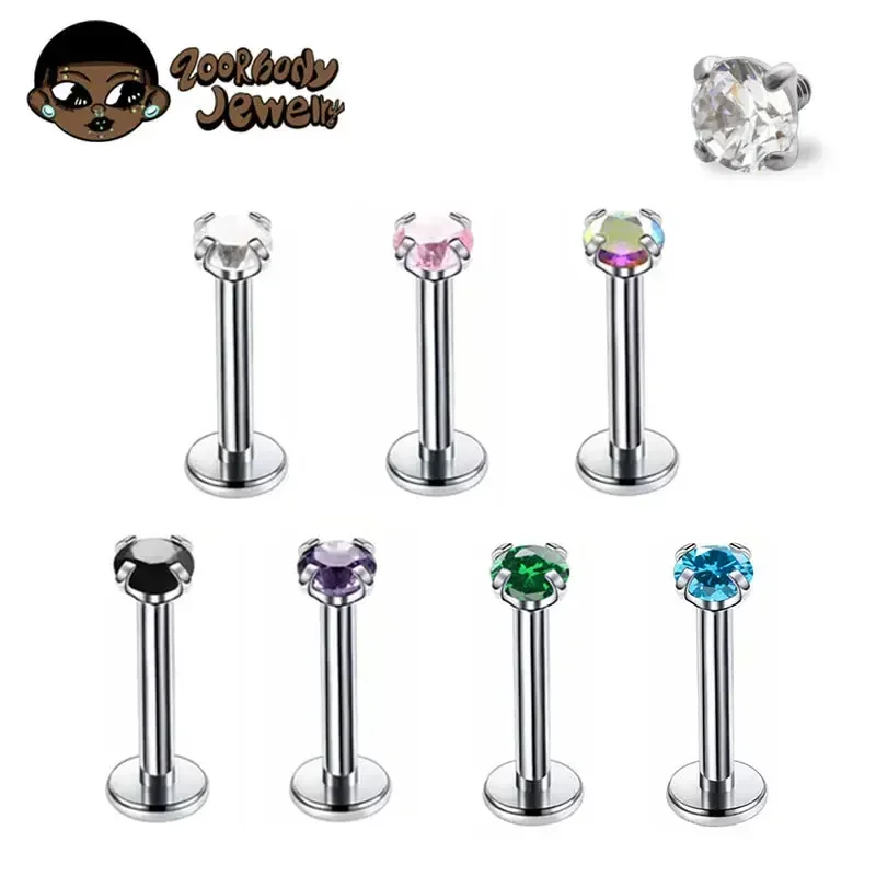 

1Pcs G23 Titanium Piercing CZ Gem Internally Threaded Labret Monroe Lip Ring Tragus Nail Helix Earring Stud 16G 18G Body Jewelry