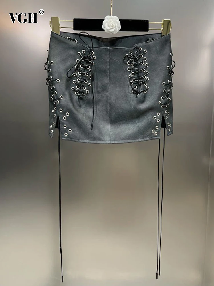 

Женская Кожаная мини-юбка с высокой талией VGH, однотонная облегающая трапециевидная юбка составного кроя с завязкой, модная одежда