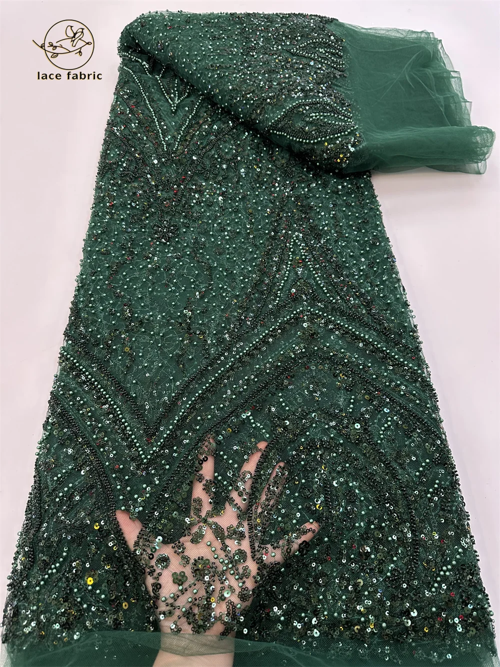 Green African Beaded Groom Tulle lace Fabric 2024 High Quality Sequins Embroidery French Lace For Nigerian Party Dress Sewing green african sequins lace fabric 2024 high quality tulle lace french nigerian groom beaded lace fabric for sewing wedding dress