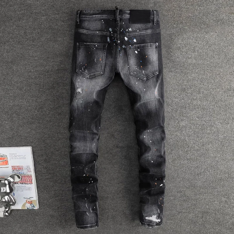 Streetwear Fashion Men Jeans High Quality Retro Black Gray Stretch Slim Fit Painted Designer Ripped Jeans Men Brand Pants Hombre