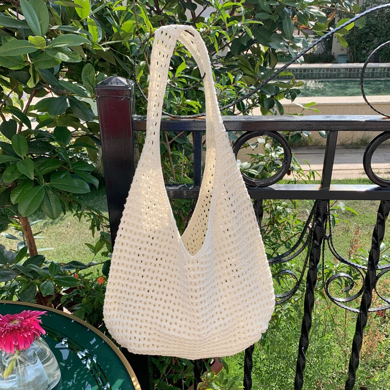 Solid Color Knitting Shoulder Bag Hollow Out Versatile Bohemian Crochet Tote Bag Large Capacity Casual Woven Handbag Women
