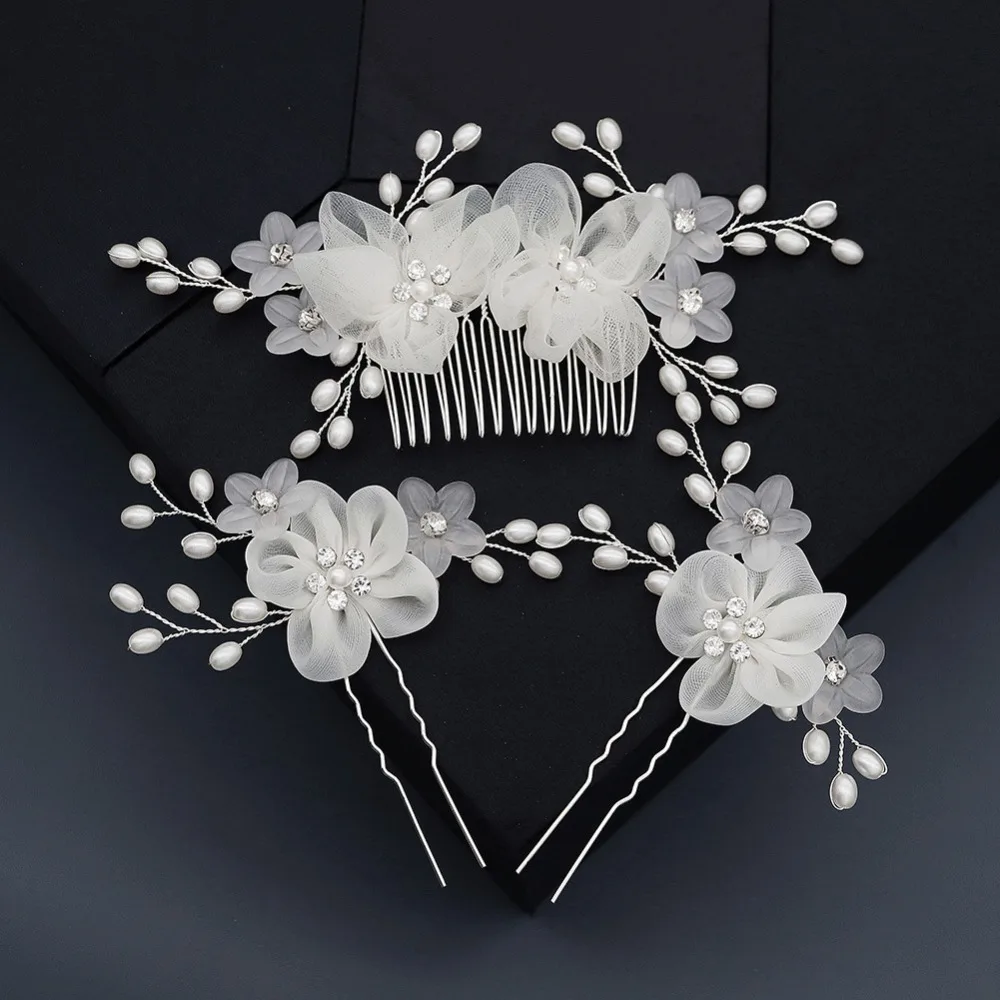 Elegant Artificial Flowers Wedding Hair Comb with Pearls Bride Rhinestone Bridal Hair Jewelry Side Hair Accessories for Women