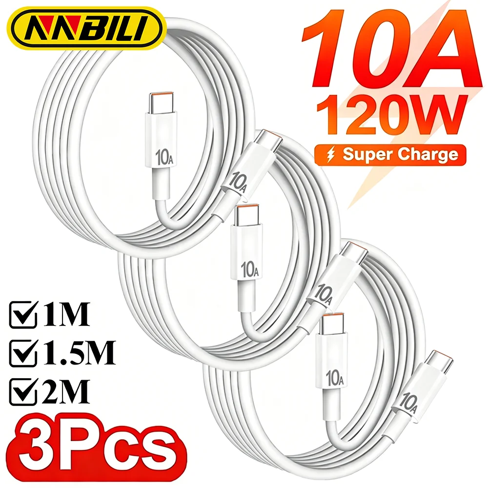 NNBILI 3Pcs Universal 120W 10A Fast Charger PD Dual Type C Quick Charging Cable Data Wire Cord For iPhone 16 17 Samsung HUAWEI