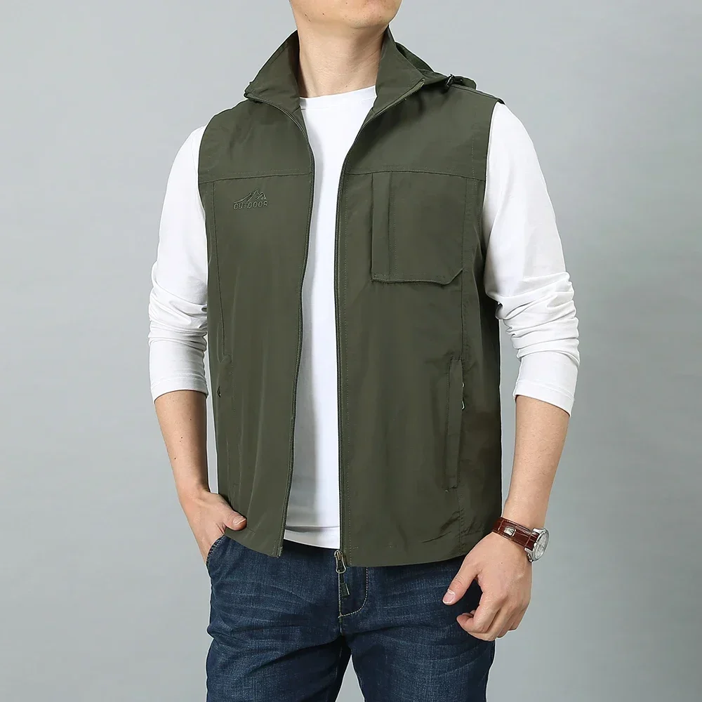 Men Summer Sleeveless Vest Men Multi Zipper Pocket Outdoor Photographer Travel Waistcoat Hat Detachable Vests Plus Size 7XL 2