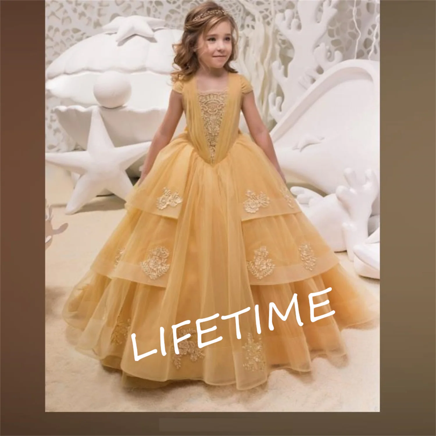 

Dinner Party Girls Tulle Sleeveless Fluffy Floral Flower Girl Dress for Princess Formal Pageant Wedding Birthday Party Dress