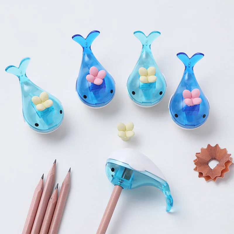 1Pcs Cute Blue Whale Pencil Sharpener with Eraser Stationery School Office Supply Student Stationery Kids Gift