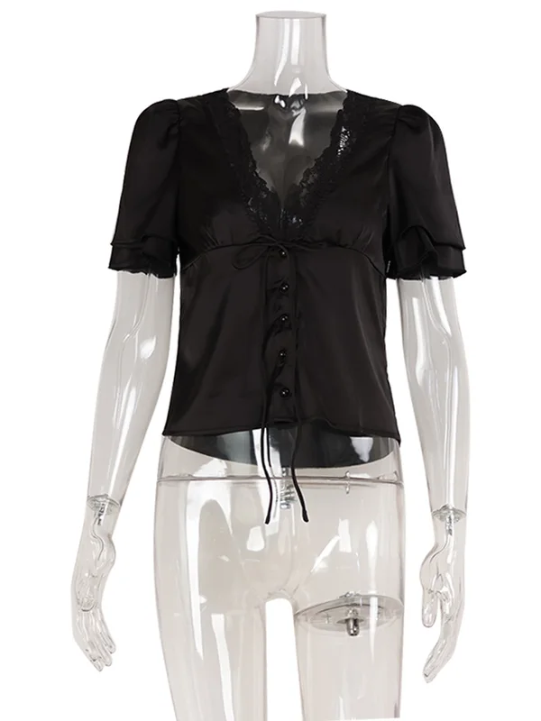 Ahagaga Causal Women Tops Solid Lace -Neck Short Sleeves Satin Slim Button...