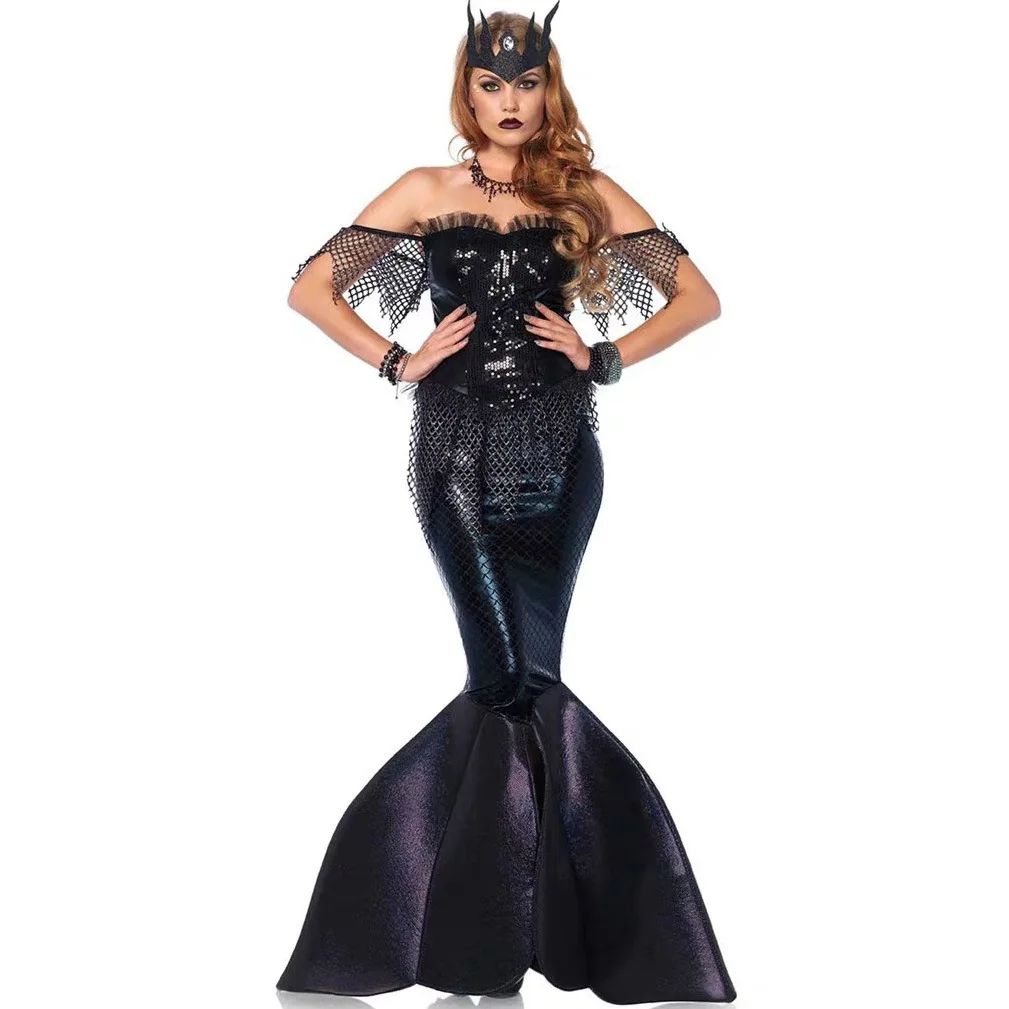 

Маскарадное платье с хвостом русалки для Хэллоуина, карнавала, яркое черное аниме Ариэль, костюм принцессы для косплея, сценическое выступление, сказочный эльф