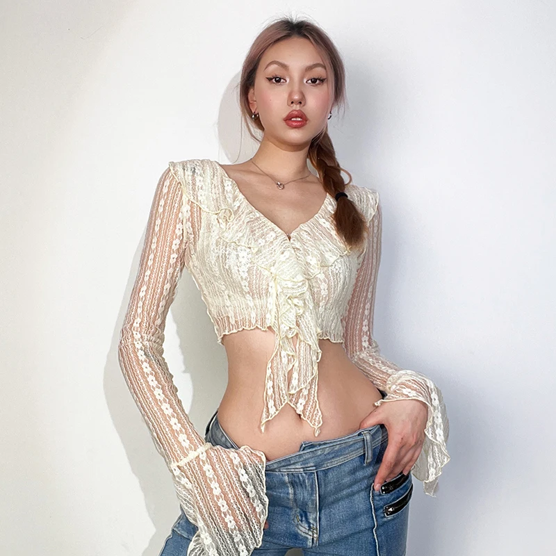 

Lace Hollow Sexy Navel Revealing Slimming Shirt