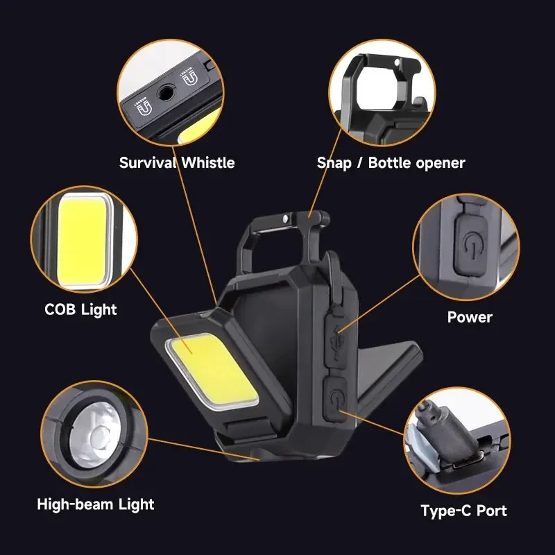 COB Keychain Work Light with Dual Light Source 5Mode Rechargeable High Lumens Portable LED for Camping Hiking Running