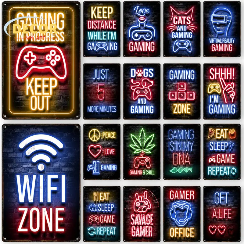 

Neon Gaming Quote Metal Tin Sign Poster Iron Plate Plaque for Vintage Gamepad Glow Lettering Game Room Wall Art Decor Aesthetic