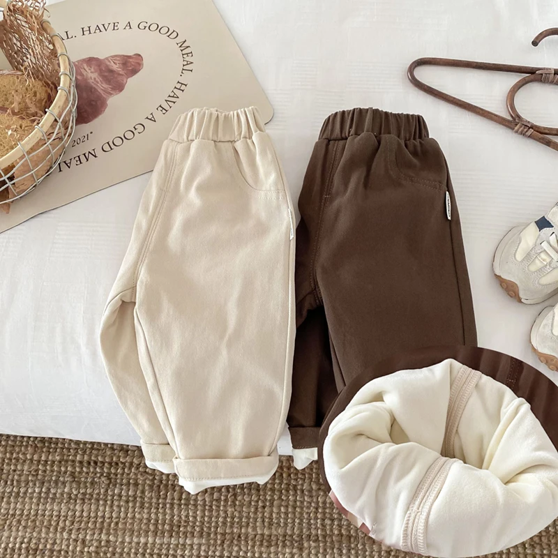 Fleece Padded Warm Winter Kids Baby Boys and Girls Pants Toddler Kids Solid Straight Plush Trousers