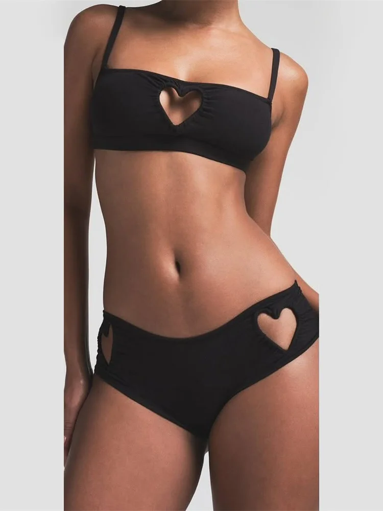 Nibber Sexy Heart Hollow 2 Piece Set Women Simple Vacation Camisole+Panties Beach Style Matching Stretch Street Comfortable Suit