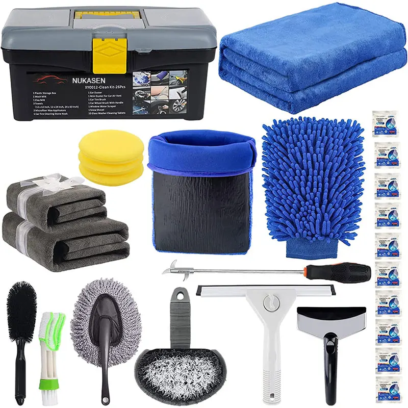 

NUKASEN 26Pcs Car Wash Cleaning Kit Car Care Wash Detailing Tools With Snow Shovel Microfiber Cleaning Cloth Clay Mitt Set