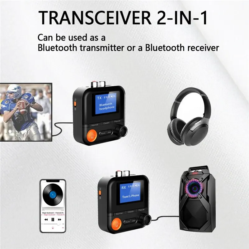 Bluetooth Transceiver Adapter 2 In 1 Bluetooth 5.2 Audio Transmitter Receiver 5 EQ Modes 3.5mm AUX RCA Jack Stereo Wireless Adapter for TV PC Car Kit Speaker
