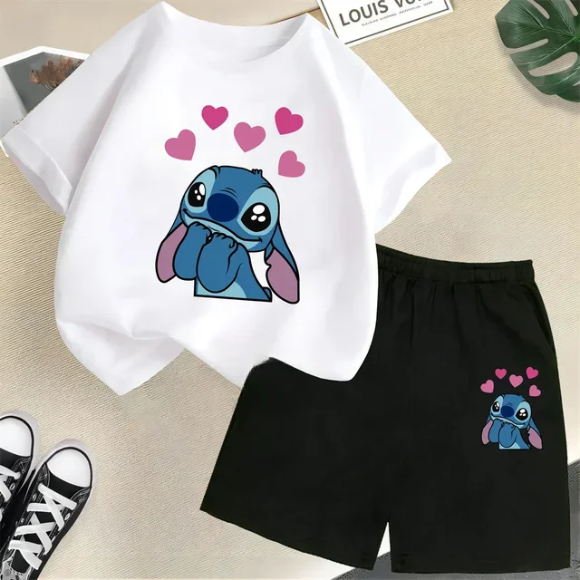 thumbnail image 1 of Conjunto de dos piezas de camiseta y pantalones cortos de Disney Stitch para niños de verano 2024, conjunto de pantalones cortos de manga corta informales a la moda para niños y niñas, ropa para niños, 1 of 5