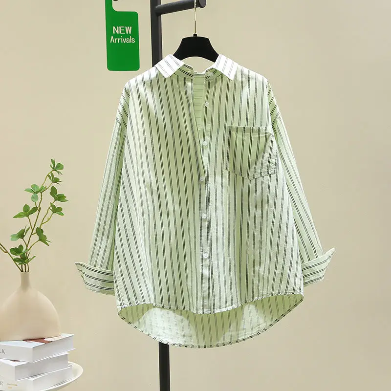 Women's 2024 Summer New Patchwork POLO Collar Striped Pocket Fashion Minimalist Casual Loose Pure Cotton Long Sleeved Shirt
