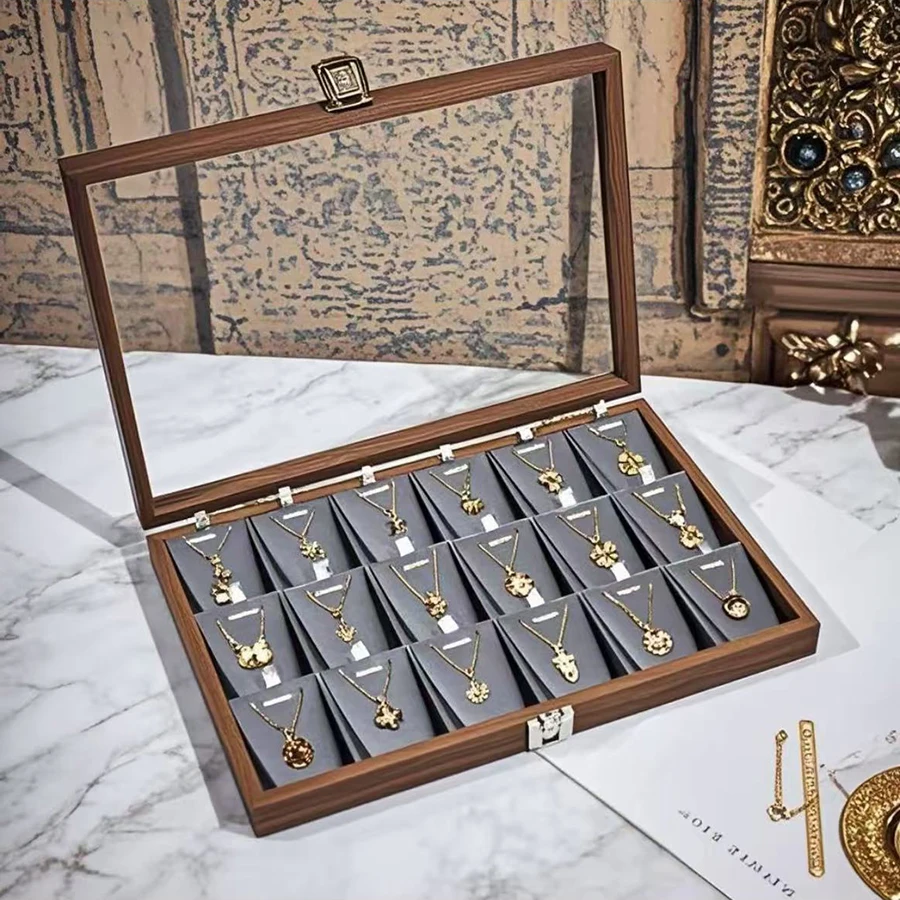 Walnut Wooden Nelace Pendant Jewelry Box 8K Gold Plated Chain Fine Bracelet Display Storage Box Korean Sle Unloed