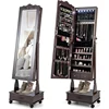 Jewelry Cabinet Armoire Freestanding, Lockable Jewelry Organizer with 3-position Adjustable Angle, Wheels, Full-length Mirror 1