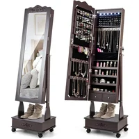 Jewelry Cabinet Armoire Freestanding, Lockable Jewelry Organizer with 3-position Adjustable Angle, Wheels, Full-length Mirror 1