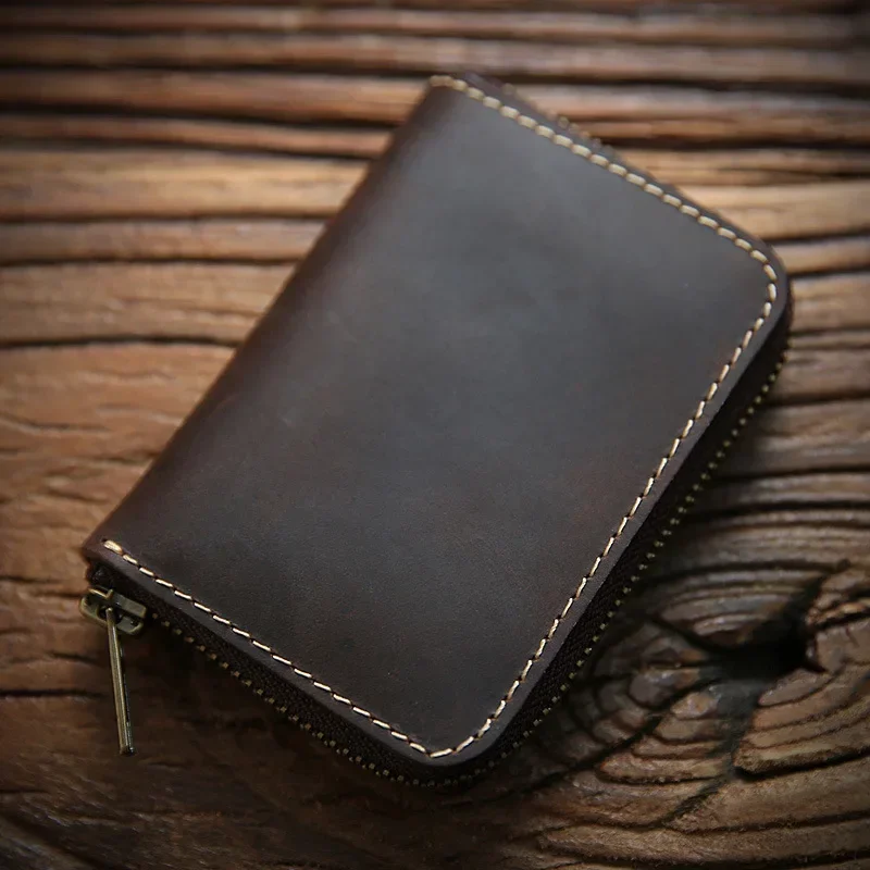 Luxury Brand Handmade Crazy Horse Leather Small Wallet Men's Layer Cowhide Zipper Short Coin Purse Leather Card Bag