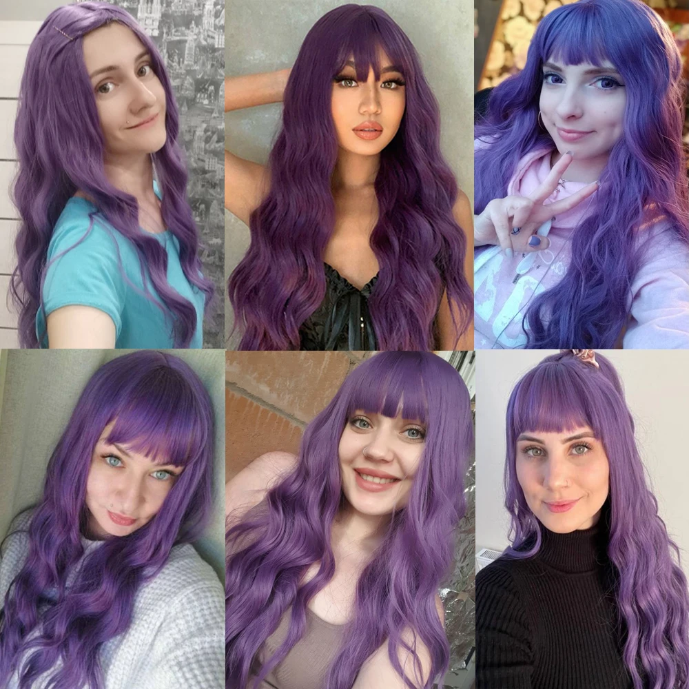 EASIHAIR Parrucche sintetiche lunghe e ondulate viola con frangia per donne Parrucca colorata per feste di cosplay di Halloween Fibra resistente al calore_voghion.com
