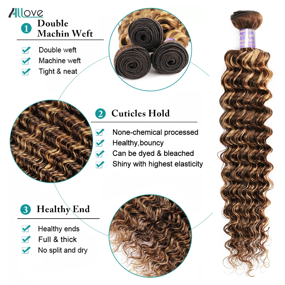 Human Hair Bundles Allove Highlight Bundles With Closure Deep Wave With 4x4 Transparent Lace Closure Ombre Honey Brown Remy Hair human hair bundles