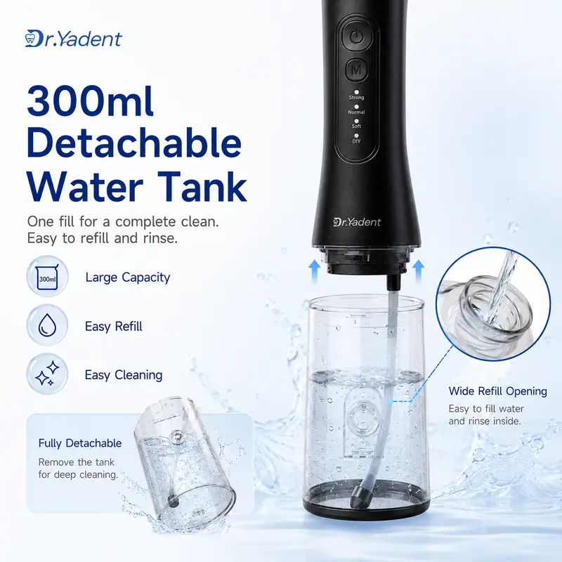 Dr.Yadent YD06 Cordless Oral Irrigator WaterFlosser 300ML Portable Water Jet USB-C Fast Charge 7 Nozzles 4 Modes IPX7 Waterproof - Image 5