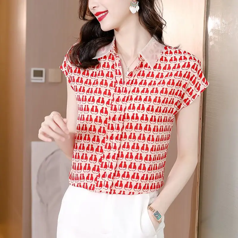

Ladies Summer Korean Large Size Printing Loose Chiffon Turn-down Collar Short Sleeve Shirts Women Clothes Casual Lace Top Tee