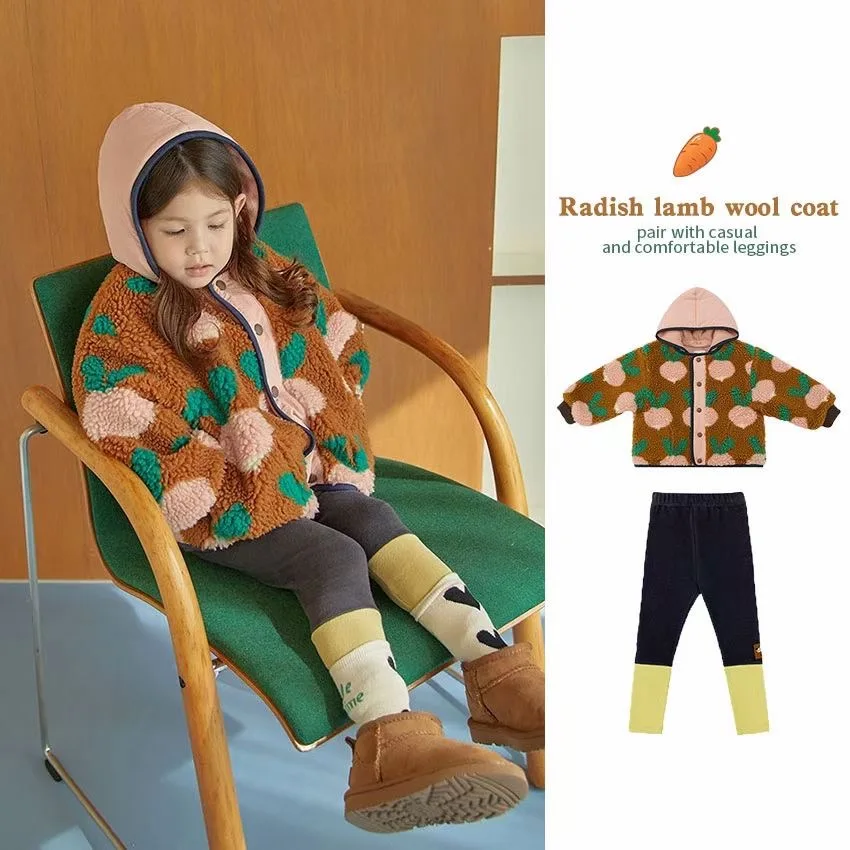 

Korean Children's Jackets 2023 Winter New Cartoon Girls Boys Thickened Warm Lamb's Wool Jacket Long Sleeve T Shirts Leggings Chi
