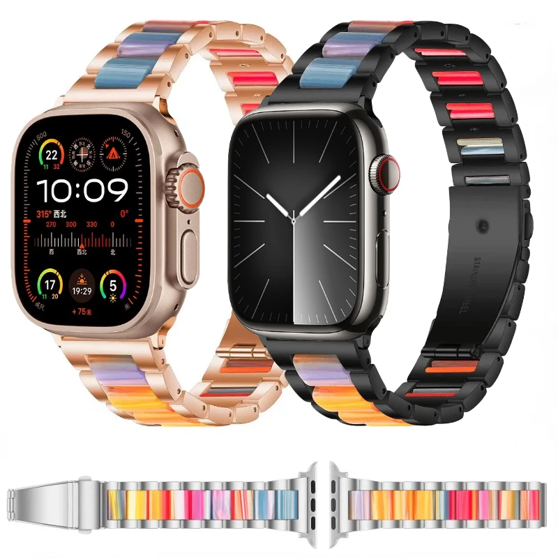 Metal+Resin Strap for Apple Watch Ultra2 49mm 9 8 7 45mm 41mm Luxury Stainless Steel Bracelet 6 5 4 SE 44mm 42mm 40mm 38mm Band