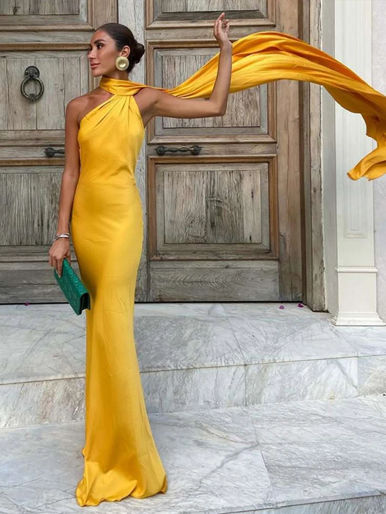 Elegant Satin Halter Party Dress Women Casual Slim Backless Sleeveless High Waist Female Robes 2024 Autumn Lady Evening Dresses 4