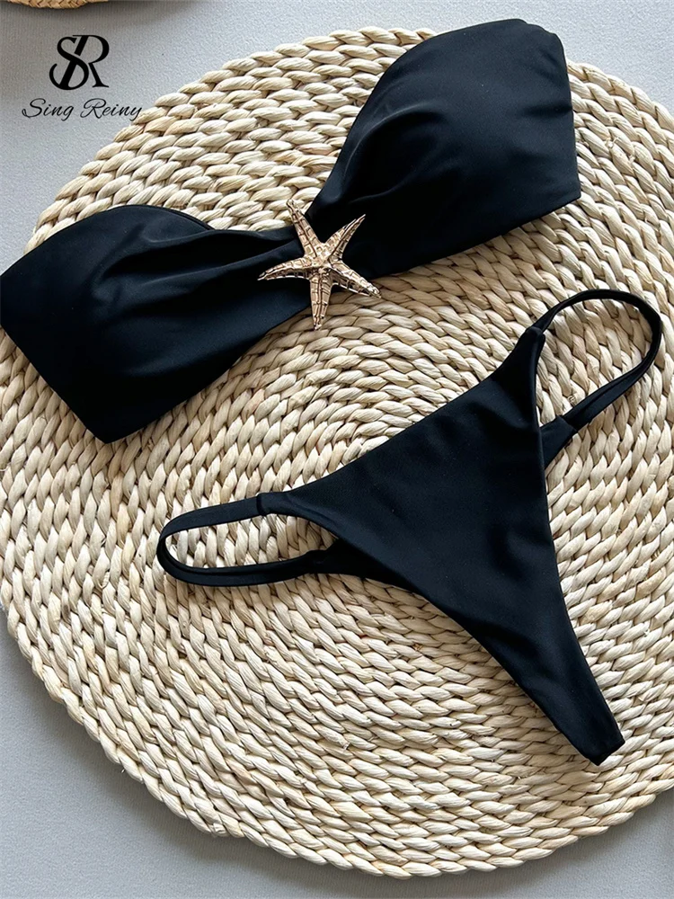 SINGREINY Women Solid Vacation Style Bikini Suits Female Slim Backless Short Suit New Fashion Lace Up Sensual Beach Sets