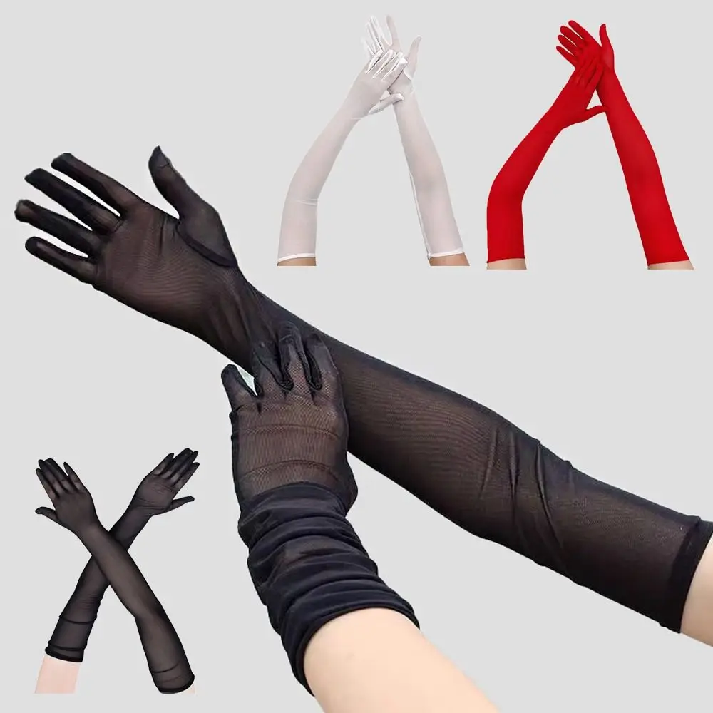 

Mesh Transparent Gloves Full Finger Elasticity Seamless Driving Gloves Sun Protection 55cm Summer Thin Gloves Women